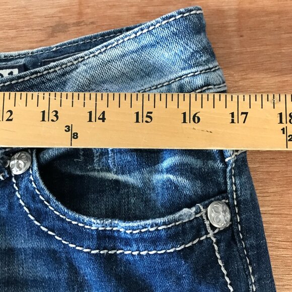 Miss Me Bootcut Jeans Women 31 Blue Low Rise Rhinestone Flap Pocket Thick Stitch - Picture 11 of 16